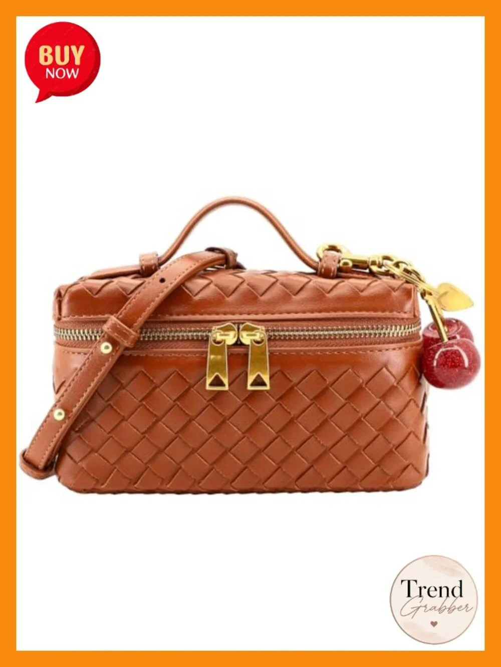 Woven Leather Square Box Crossbody Purse with Cherry Charm, Mini Top Handle